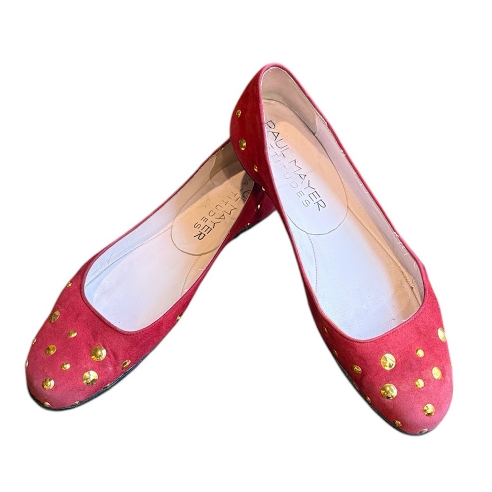 Paul Mayer Red Suede Leather Ballet Flats W/ Gold Studs  Size 9 MSRP$265 Dustbag